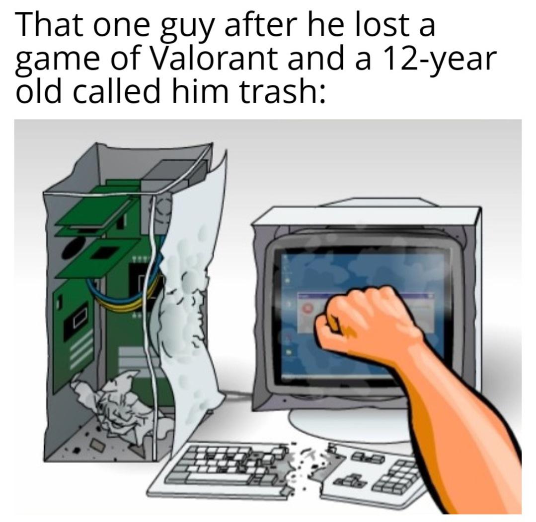 gaming memes for all - computer - That one guy after he lost a game of Valorant and a 12year old called him trash