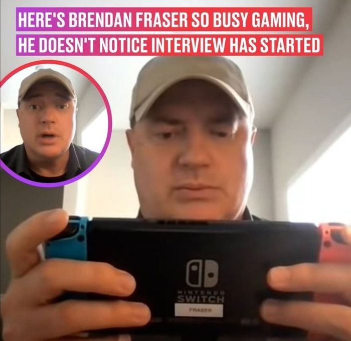 gaming memes for all - brendan fraser gaming - Here'S Brendan Fraser So Busy Gaming, He Doesn'T Notice Interview Has Started A Switch