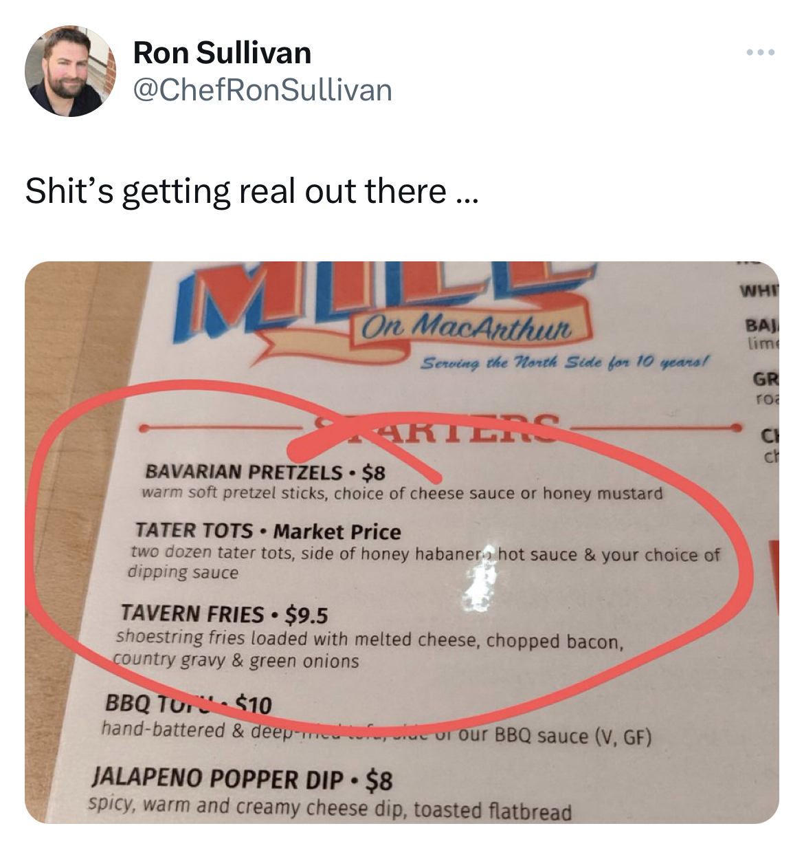 savage and absurd tweets - plaza charles miller - Ron Sullivan Shit's getting real out there... M On MacArthur Sewing the North Side for 10 ye Arters Bavarian Pretzels $8 warm soft pretzel sticks, choice of cheese sauce or honey mustard Tater Tots Market