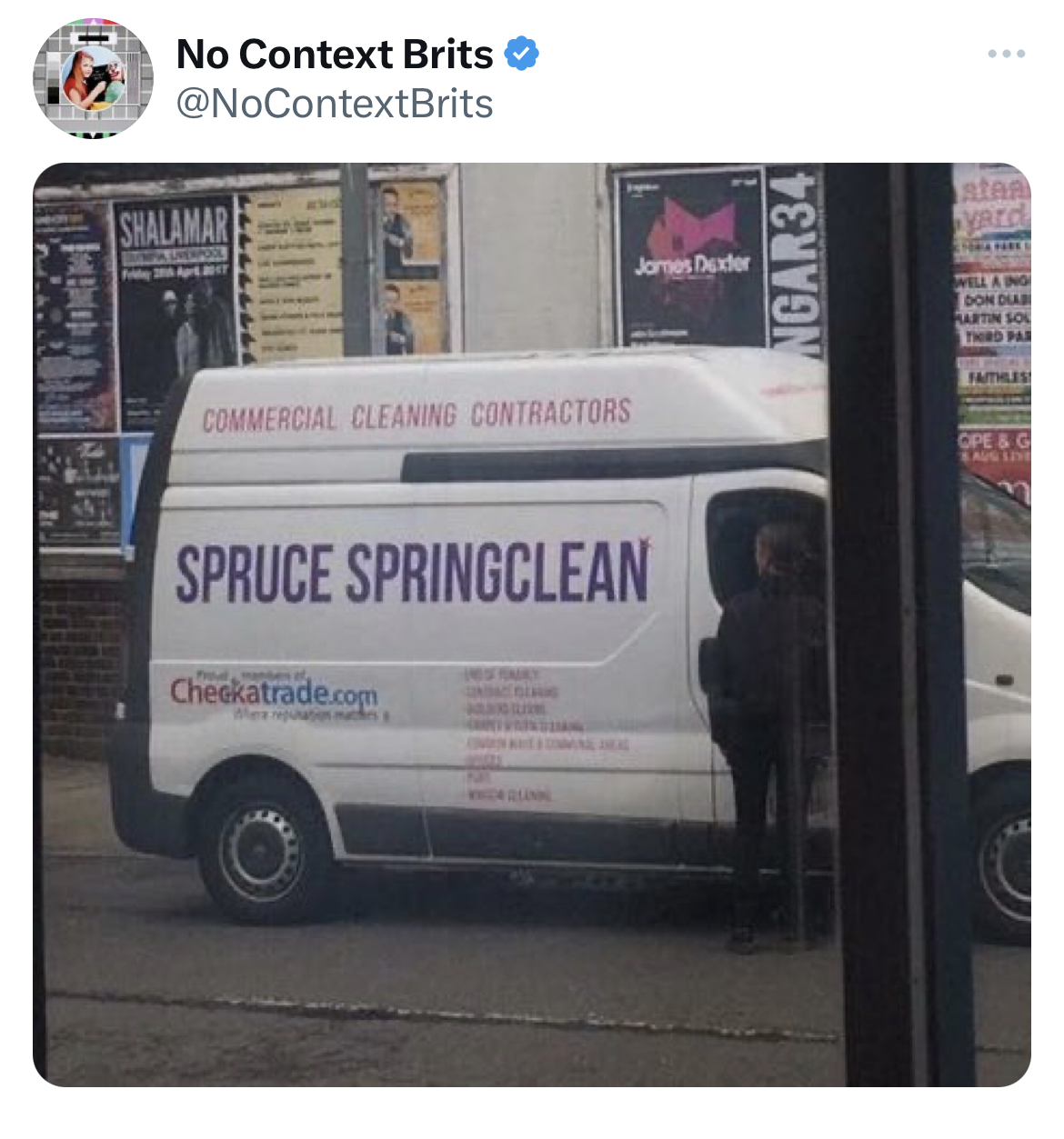 savage and absurd tweets - commercial vehicle - Long No Context Brits Shalamar Commercial Cleaning Contractors ames Dexter Spruce Springclean Cheekatrade.com NGAR34 Ster yRod Laing Don Diad Martin Son Faithless Ope & G Laus 11