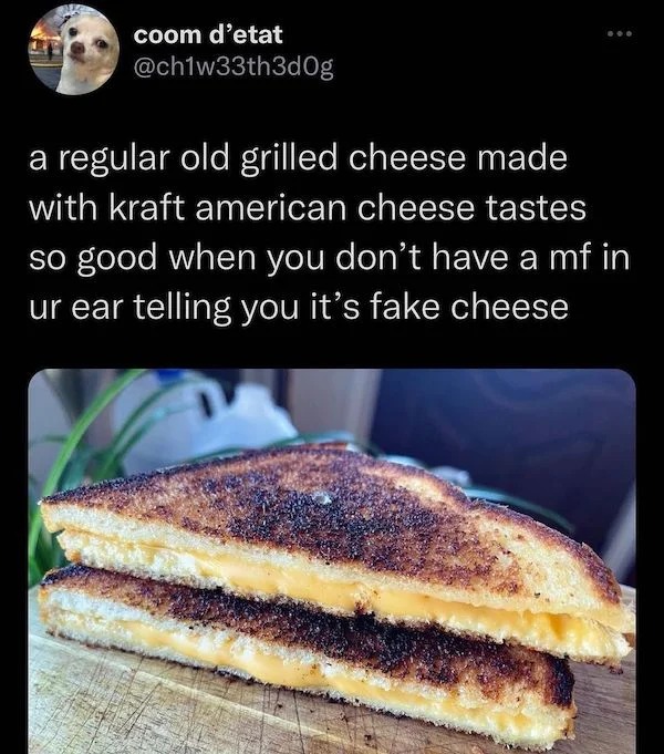 relatable memes - kraft grilled cheese meme - coom d'etat a regular old grilled cheese made with kraft american cheese tastes so good when you don't have a mf in ur ear telling you it's fake cheese