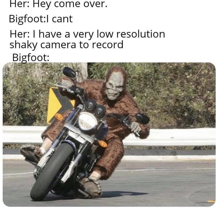cool pics and memes - 0.5 camera meme - Her Hey come over. BigfootI cant Her I have a very low resolution shaky camera to record Bigfoot