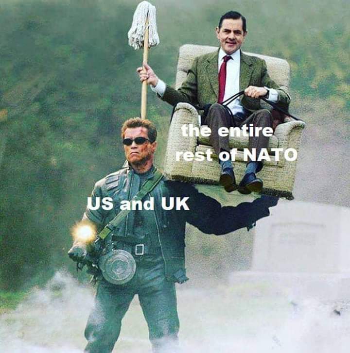 cool pics and memes - arnold schwarzenegger mr bean - the entire rest of Nato Us and Uk