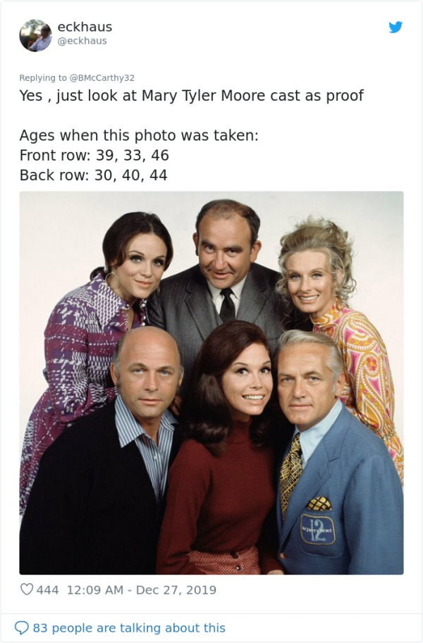 pics that prove people don't age like they used to - mary tyler moore show cast - eckhaus Yes, just look at Mary Tyler Moore cast as proof Ages when this photo was taken Front row 39, 33, 46 Back row 30, 40, 44 444