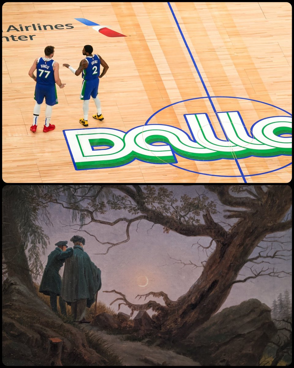 Sports Moment as Famous Art - two men contemplating the moon - Airlines nter Doncic 77 Irving 2 Dalla