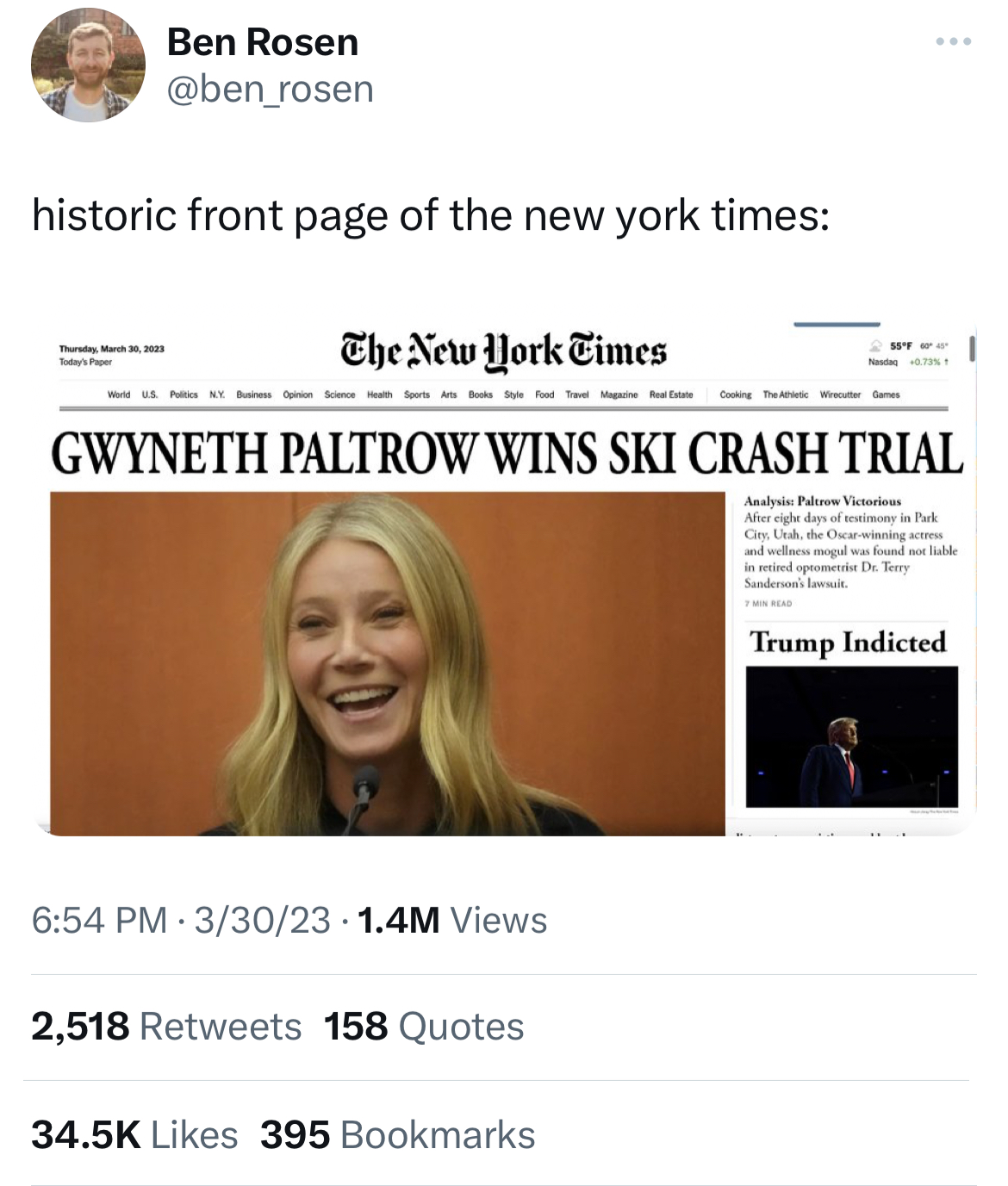 Tweets of the week - new york times - Ben Rosen historic front page of the new york times The New York Times Gwyneth Paltrow Wins Ski Crash Trial Any Pv i f Co 33023.1.4M Views 2,518 158 Quotes 395 Bookmarks was fo De Te S The Trump Indicted