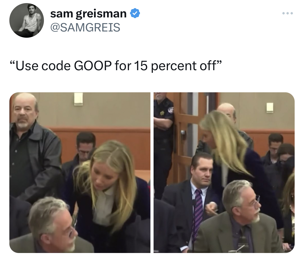 Tweets of the week - presentation - sam greisman "Use code Goop for 15 percent off"