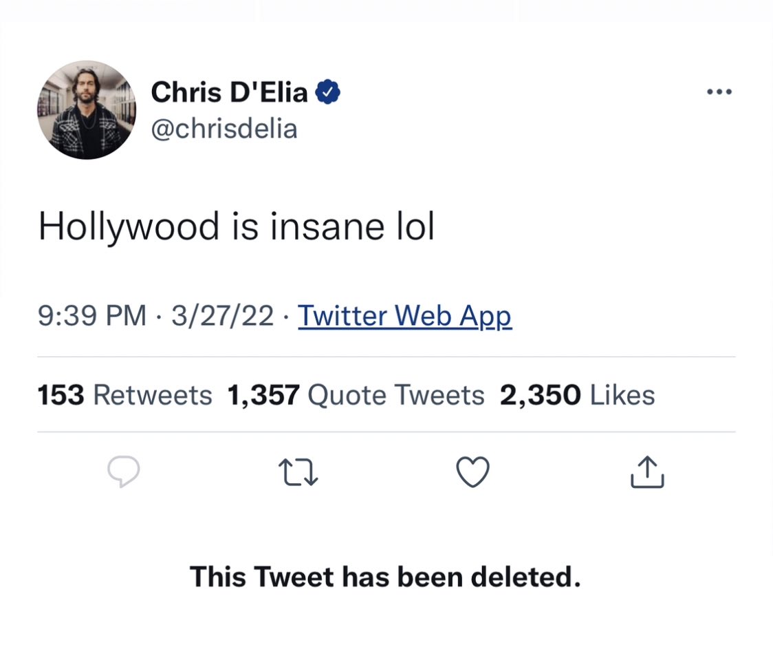 our favorite deleted tweets - yashwant sinha chutiya tweet - Chris D'Elia Hollywood is insane lol 32722 Twitter Web App 153 1,357 Quote Tweets 2,350 27 This Tweet has been deleted. ...