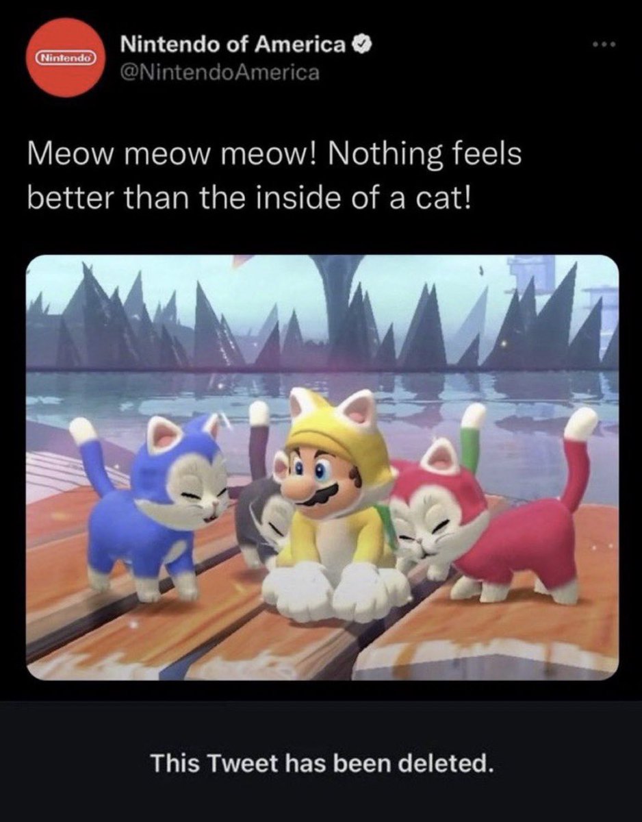 our favorite deleted tweets - nintendo deleted tweet - Nintendo Nintendo of America America Meow meow meow! Nothing feels better than the inside of a cat! This Tweet has been deleted.
