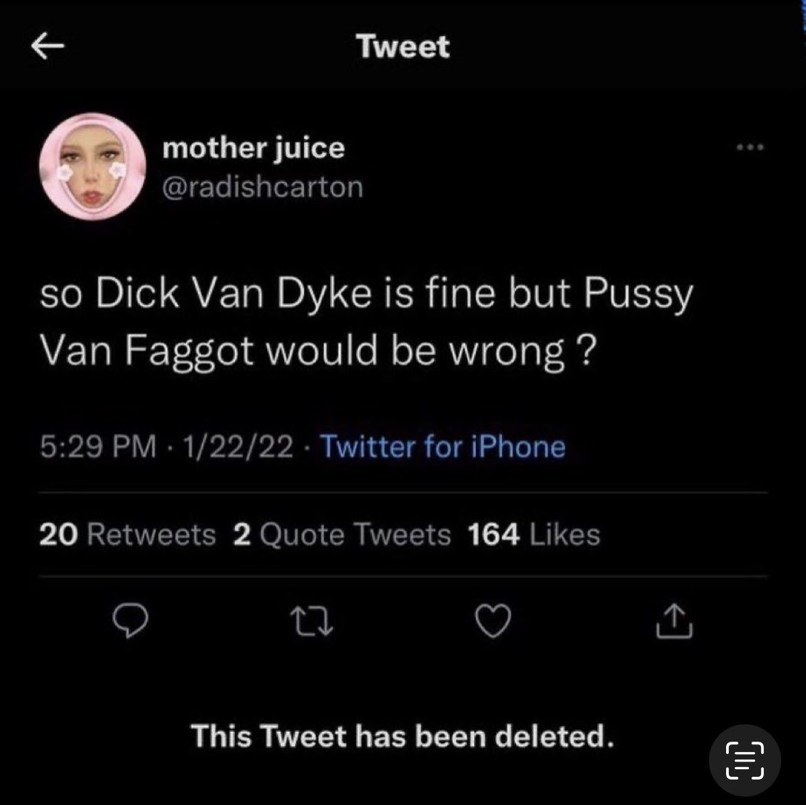 our favorite deleted tweets - men are either good at fortnite - K Tweet mother juice so Dick Van Dyke is fine but Pussy Van Faggot would be wrong? 12222 Twitter for iPhone 20 2 Quote Tweets 164 27 This Tweet has been deleted.