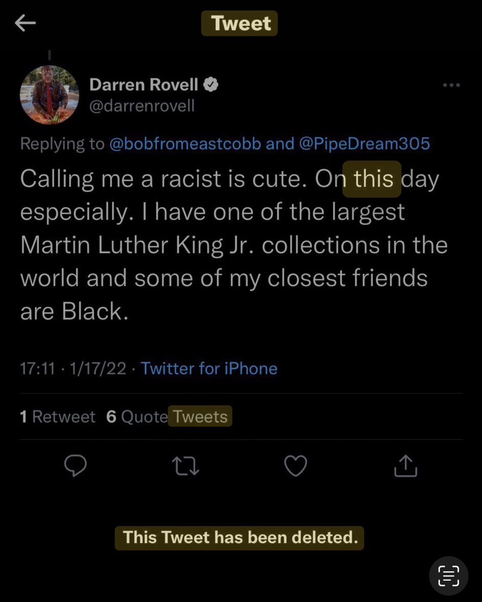 our favorite deleted tweets - darren rovell mlk tweet - K Darren Rovell . Tweet and Calling me a racist is cute. On this day especially. I have one of the largest Martin Luther King Jr. collections in the world and some of my closest friends are Black. 11