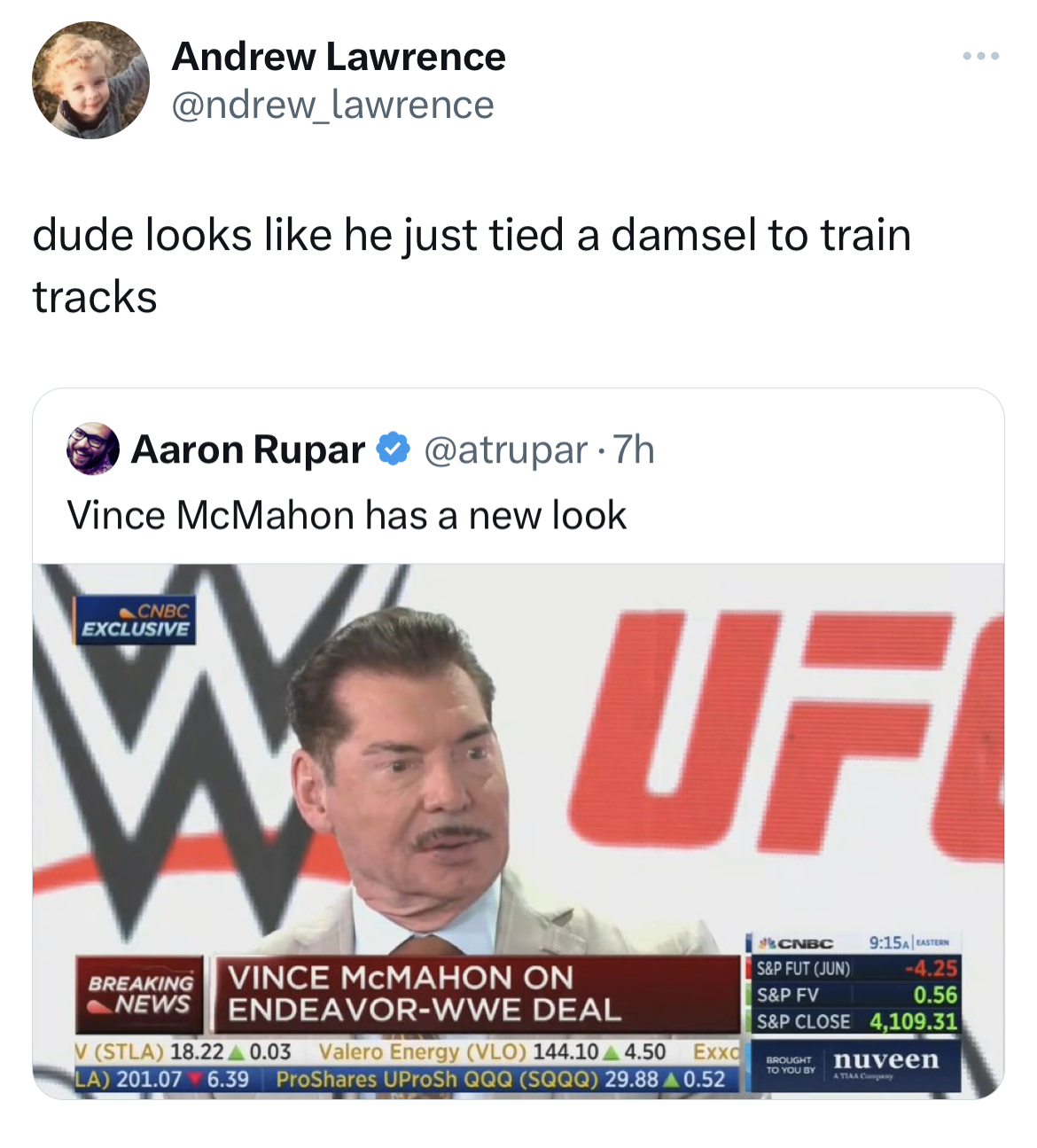 Vince McMahon Mustache memes - media - Andrew Lawrence dude looks he just tied a damsel to train tracks Aaron Rupar Vince McMahon has a new look Exclusive Uf Breaking Vince Mcmahon On News EndeavorWwe Deal V Stla 18.220.03 Valero Energy Vlo 144.10 4.50 Ex