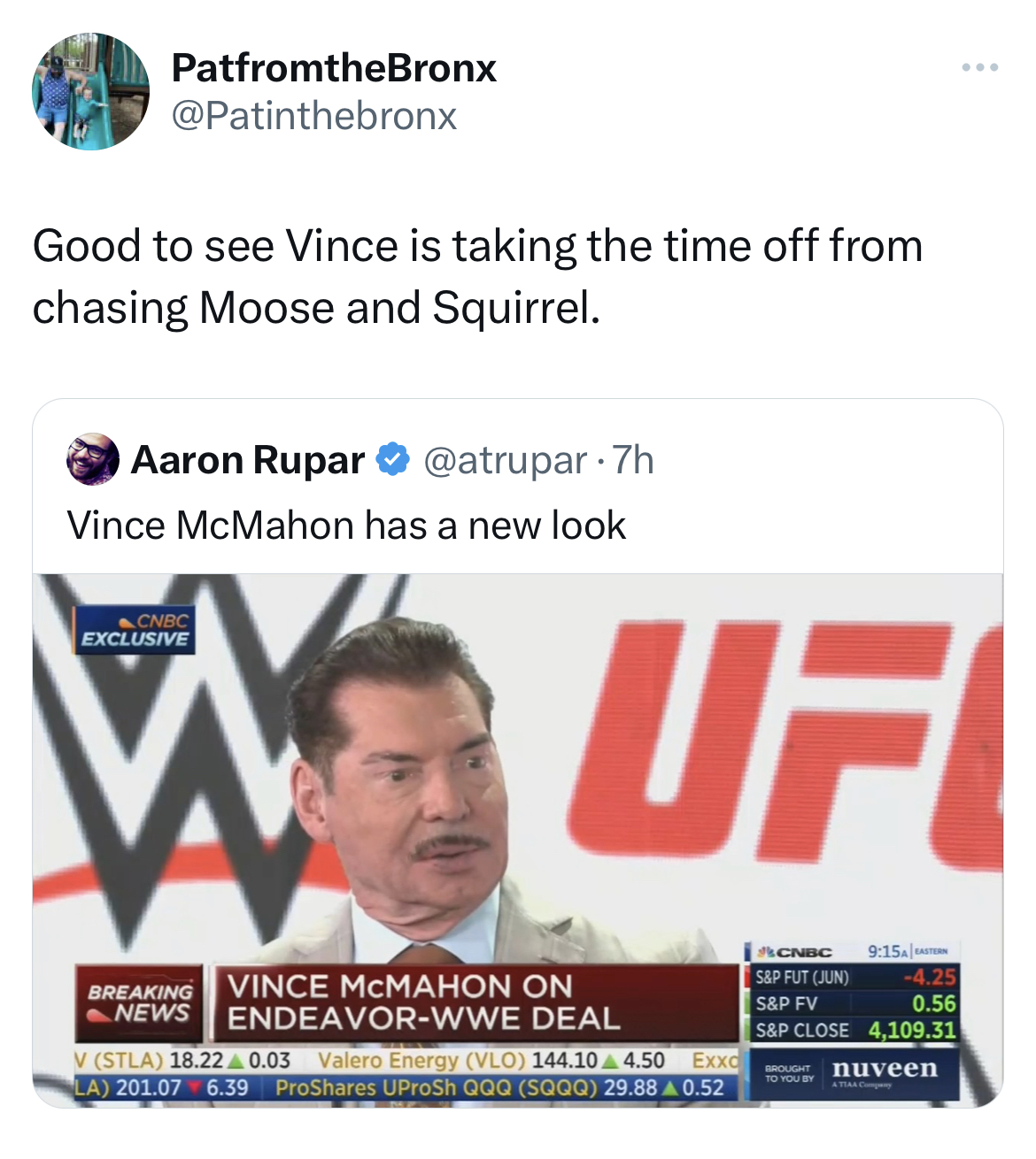 Vince McMahon Mustache memes - media - PatfromtheBronx Good to see Vince is taking the time off from chasing Moose and Squirrel. Aaron Rupar Vince McMahon has a new look V Cnbc Exclusive Uf Breaking News Vince Mcmahon On EndeavorWwe Deal V Stla 18.22 0.03