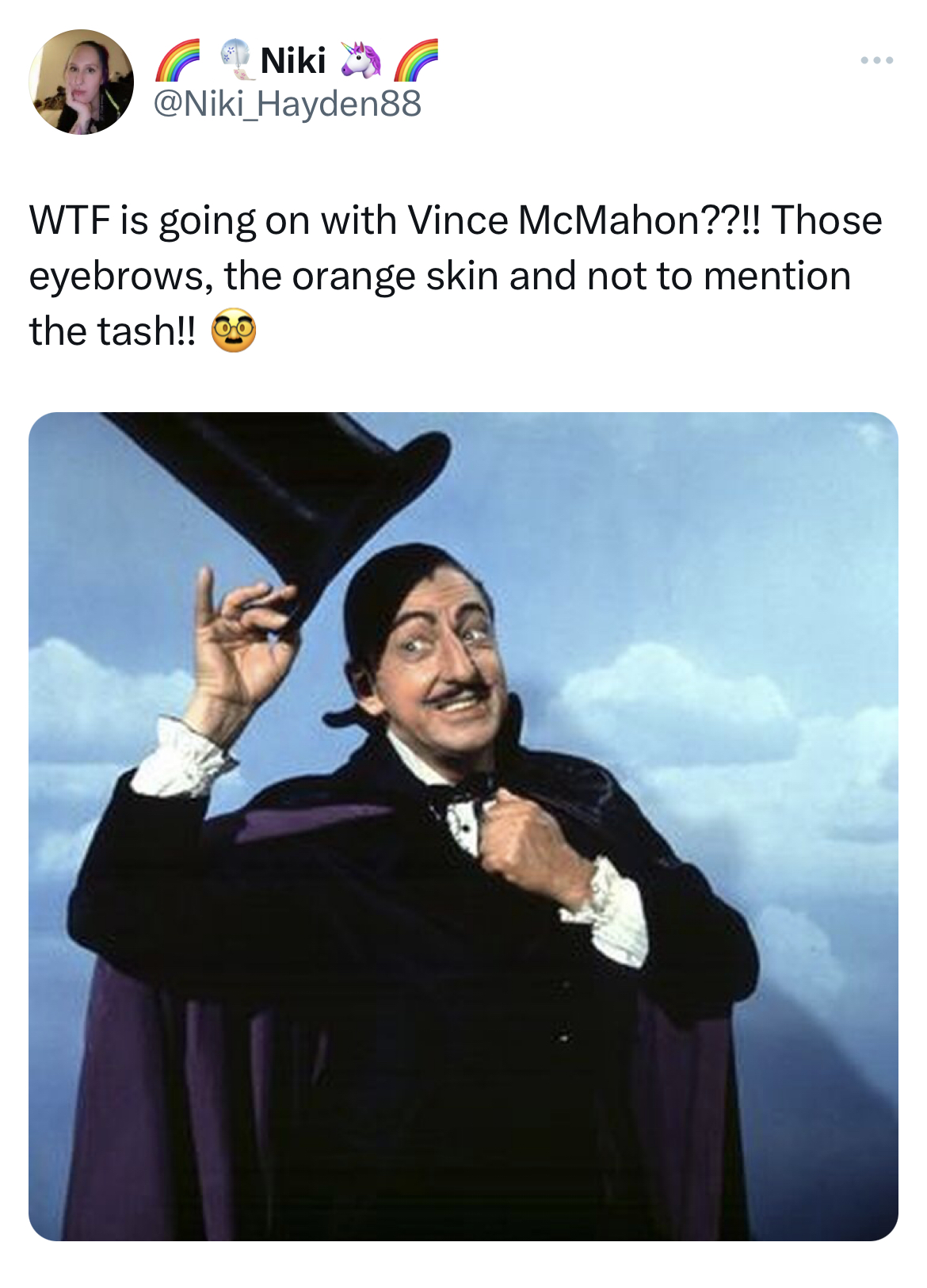 Vince McMahon Mustache memes - photo caption - Niki Wtf is going on with Vince McMahon??!! Those eyebrows, the orange skin and not to mention the tash!!