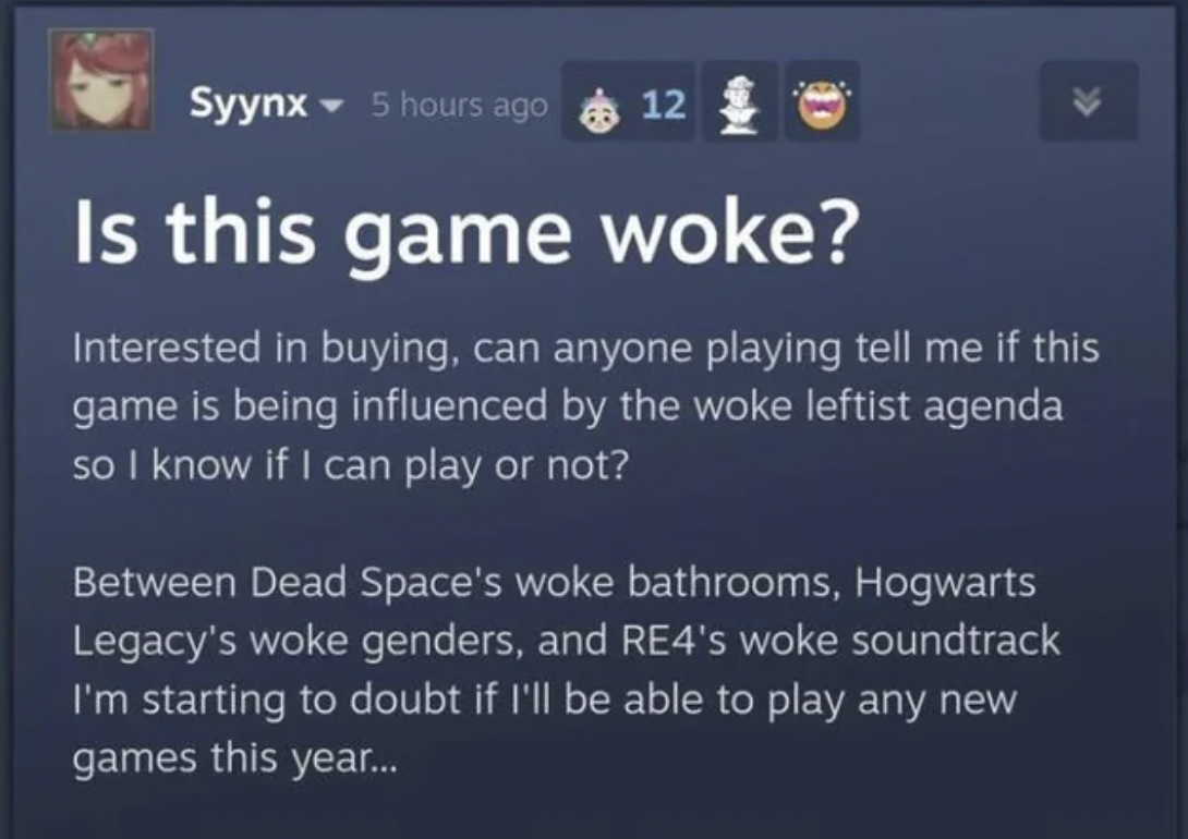 Trashy Pics - Is this game woke? Interested in buying, can anyone playing tell me if this game is being influenced by the woke leftist agenda so I know if I can play or not? Between Dead Space's woke bathrooms, Hogwarts Legacy's woke gender