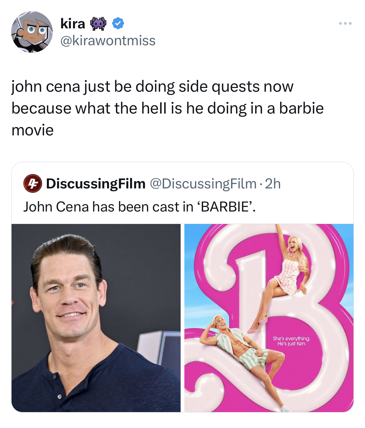savage absurd tweets arm - kira john cena just be doing side quests now because what the hell is he doing in a barbie movie DiscussingFilm 2h John Cena has been cast in 'Barbie'. 3 She's everything Her's Nam