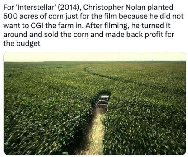 fascinating movie facts - grass - For 'Interstellar' 2014, Christopher Nolan planted 500 acres of corn just for the film because he did not want to Cgi the farm in. After filming, he turned it around and sold the corn and made back profit for the budget