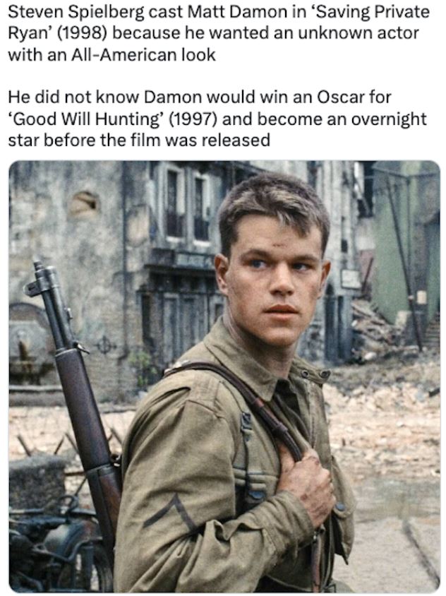 fascinating movie facts - matt damon saving private ryan - Steven Spielberg cast Matt Damon in 'Saving Private Ryan' 1998 because he wanted an unknown actor with an AllAmerican look He did not know Damon would win an Oscar for 'Good Will Hunting' 1997 and