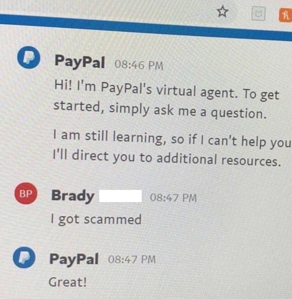 Crazy Interactions - paypal memes - Bp PayPal Hi! I'm PayPal's virtual agent. To get started, simply ask me a question. I am still learning, so if I can't help you I'll direct you to additional resources. Brady I got scammed PayPal Great!