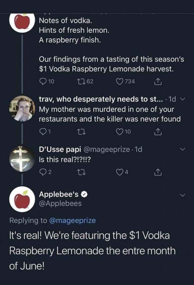 Crazy Interactions - applebees twitter it's real - Notes of vodka. Hints of fresh lemon. A raspberry finish. Our findings from a tasting of this season's $1 Vodka Raspberry Lemonade harvest.