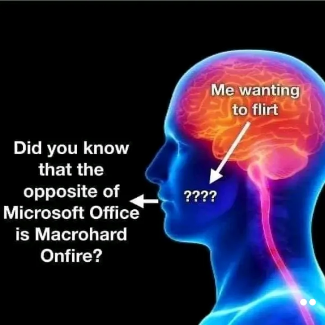 funny memes -  macrohard onfire meme - Did you know that the opposite of Microsoft Office is Macrohard Onfire? Me wanting to flirt ????