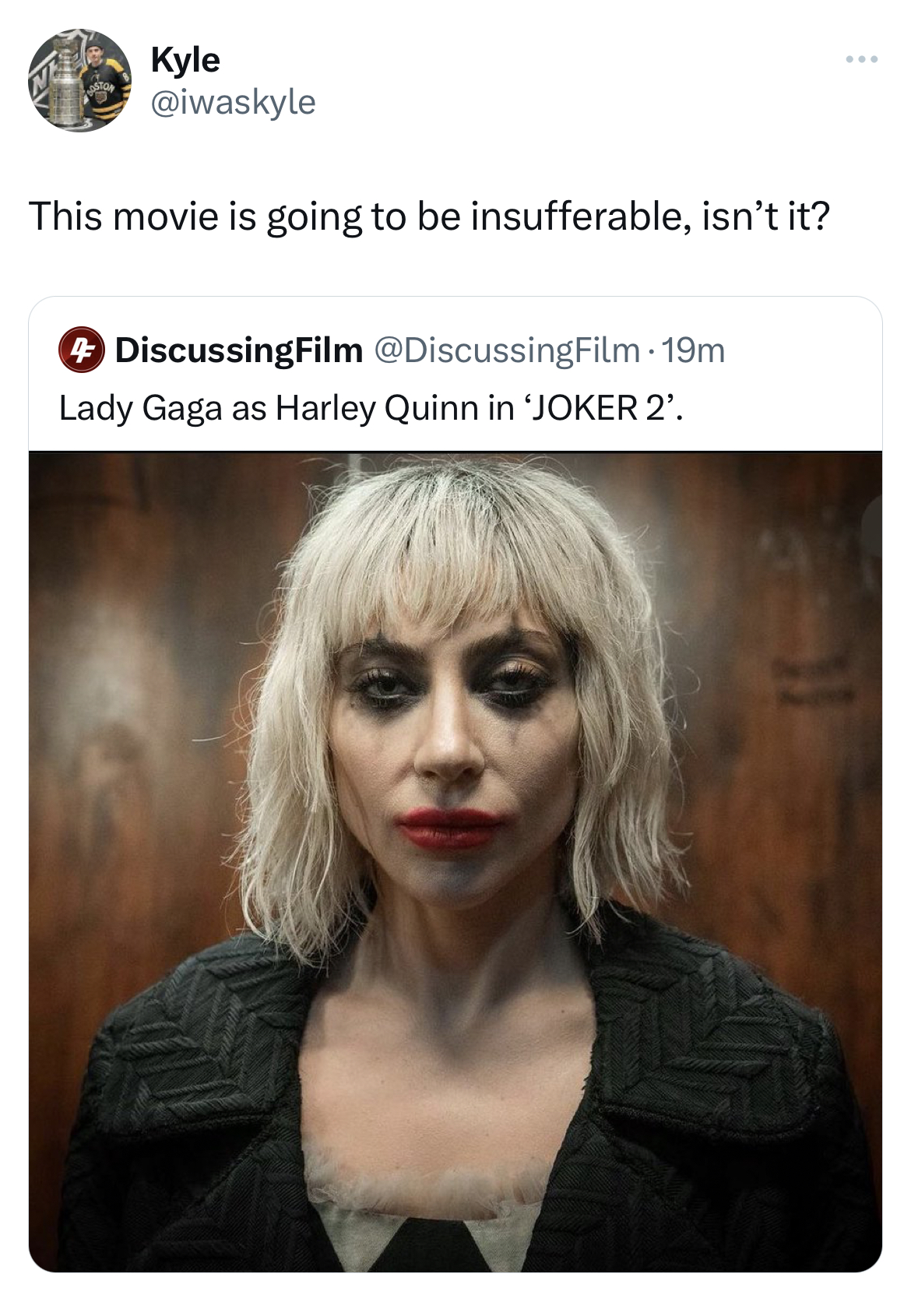 savage tweets photo caption - Kyle This movie is going to be insufferable, isn't it? Discussing Film Lady Gaga as Harley Quinn in 'Joker 2.
