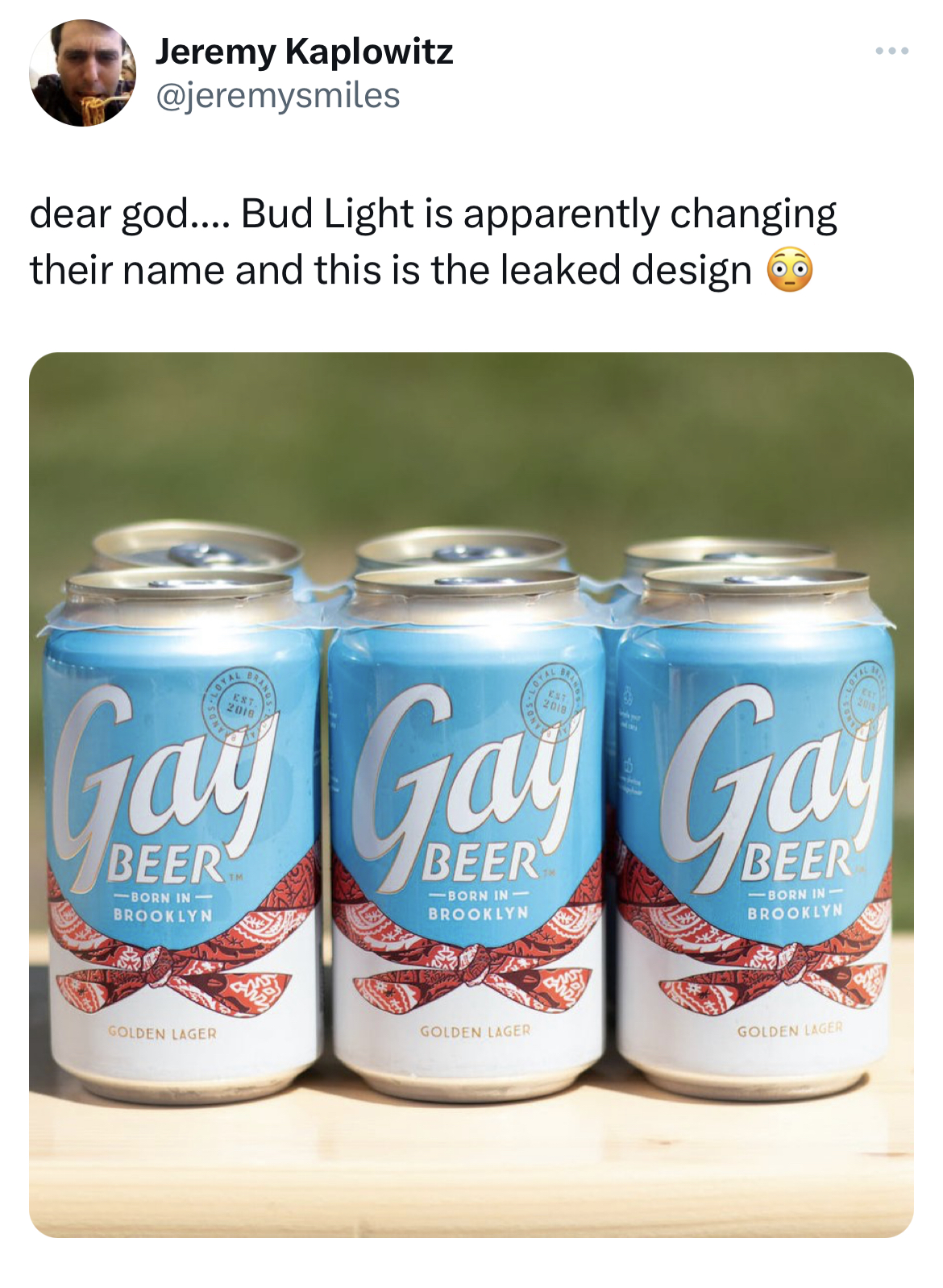 savage and salty tweets - gay beer - Jeremy Kaplowitz dear god.... Bud Light is apparently changing their name and this is the leaked design Gay Gay Gay 10 Brookly Dan 2010 Brooklyn in Brooklyn Solden Lager Golden Lager