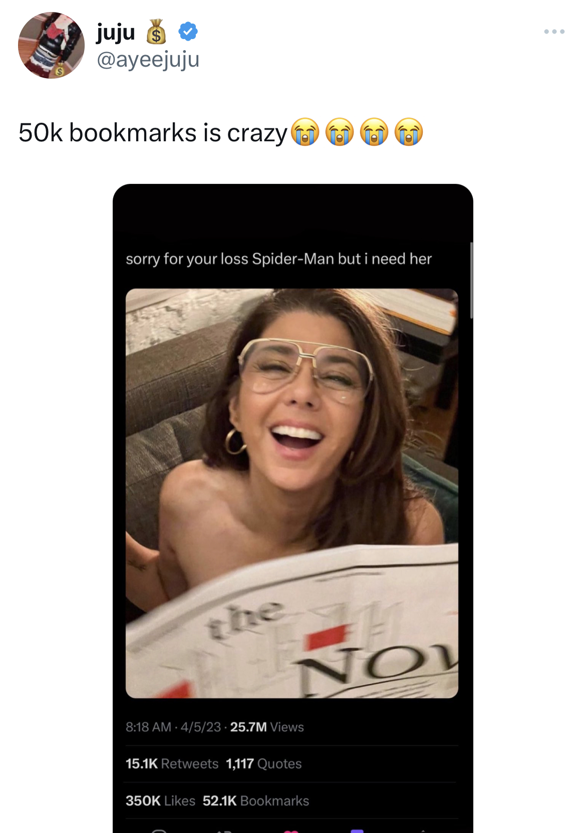 savage and salty tweets - website - juju 50k bookmarks is crazy sorry for your loss SpiderMan but i need her 452325.7M Views 1,117 Quotes Bookmarks