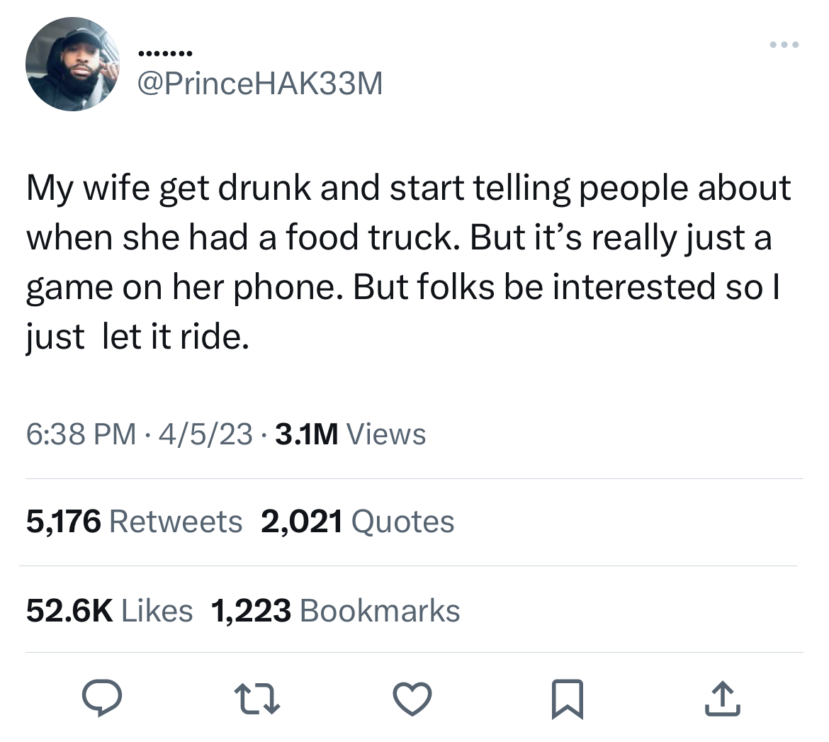 savage and salty tweets - Jessica Walter - My wife get drunk and start telling people about when she had a food truck. But it's really just a game on her phone. But folks be interested so I just let it ride. 45233.1M Views 5,176 2,021 Quotes 1,223 Bookmar