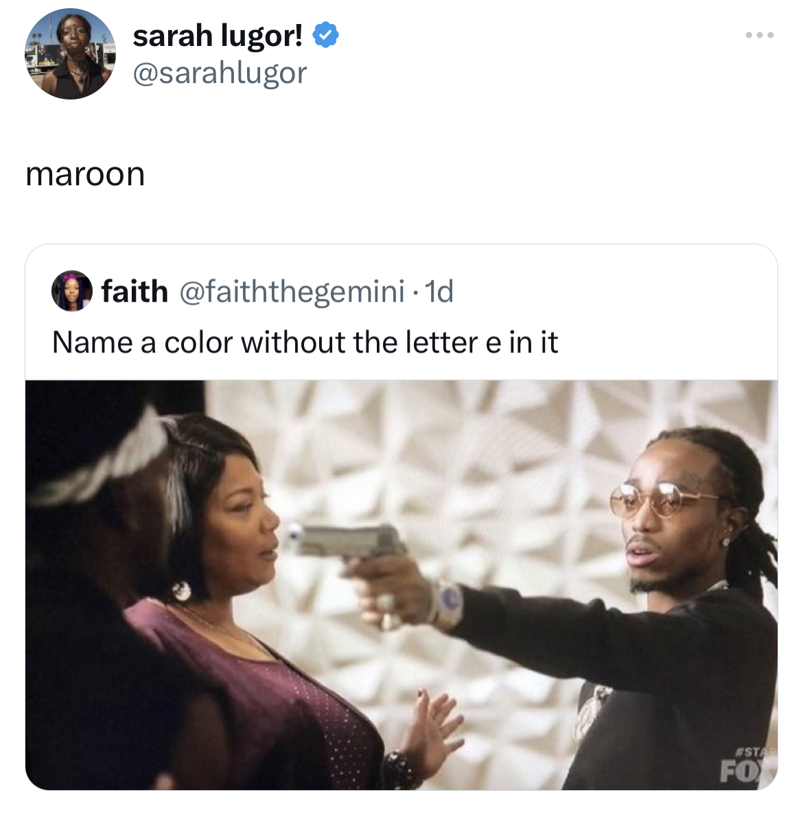 savage and salty tweets - quavo pointing gun - sarah lugor! maroon faith Name a color without the letter e in it www Esta Fo