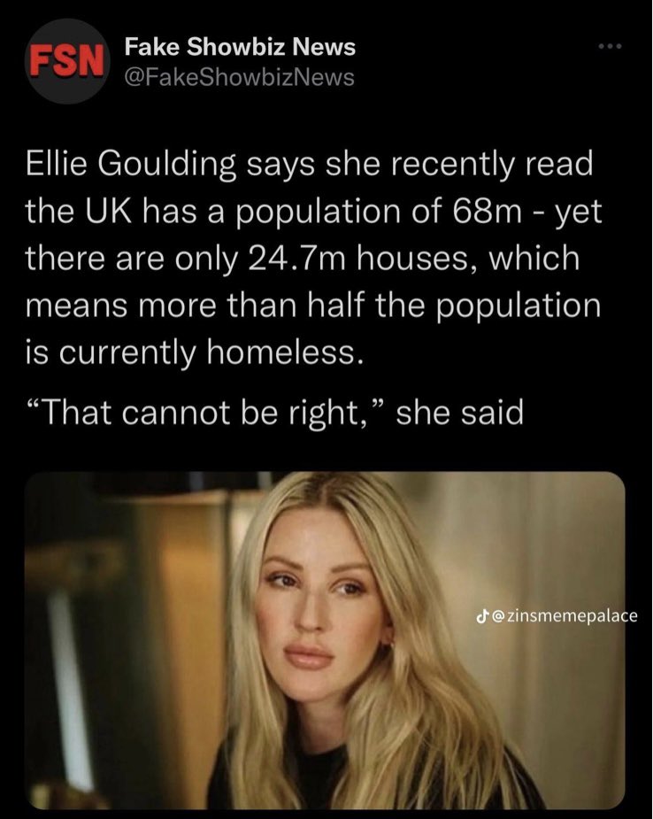Ellie Goulding says - photo caption - Fsn Fake Showbiz News Ellie Goulding says she recently read the Uk has a population of 68m yet there are only 24.7m houses, which means more than half the population is currently homeless.