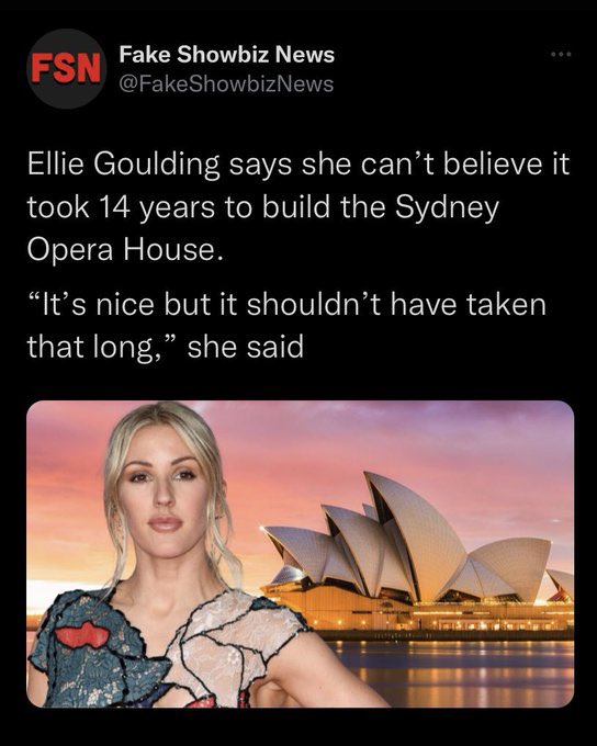 Ellie Goulding says - sydney opera house - Fsn Fake Showbiz News Ellie Goulding says she can't believe it took 14 years to build the Sydney Opera House.