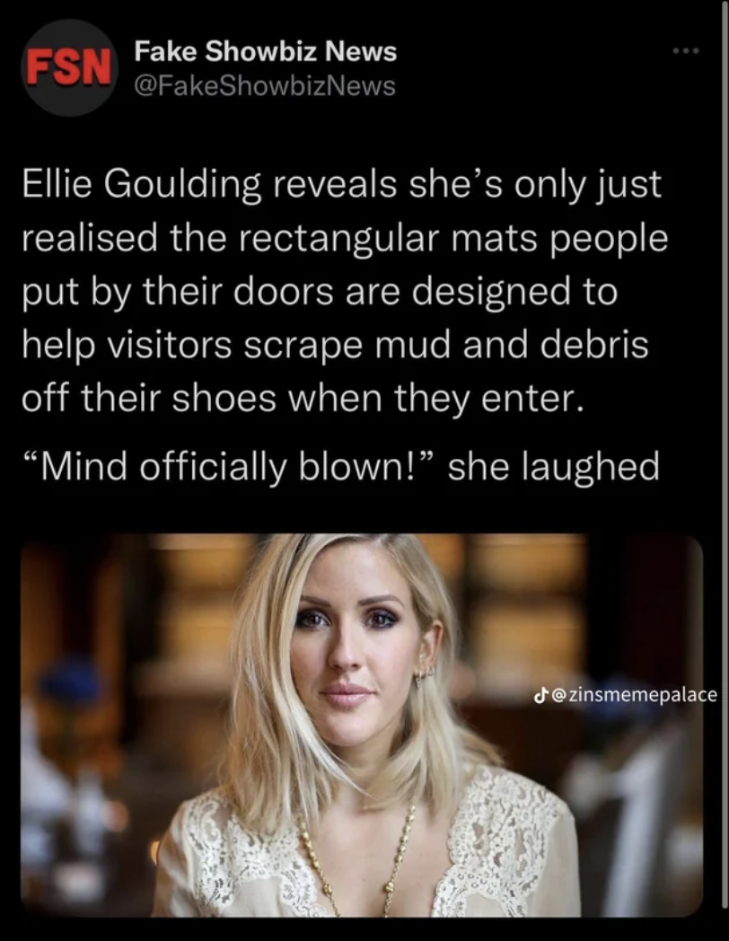 Ellie Goulding says - ellie goulding 2017 - Fsn Fake Showbiz News Ellie Goulding reveals she's only just realised the rectangular mats people put by their doors are designed to help visitors scrape mud and debris off their shoes when they enter.