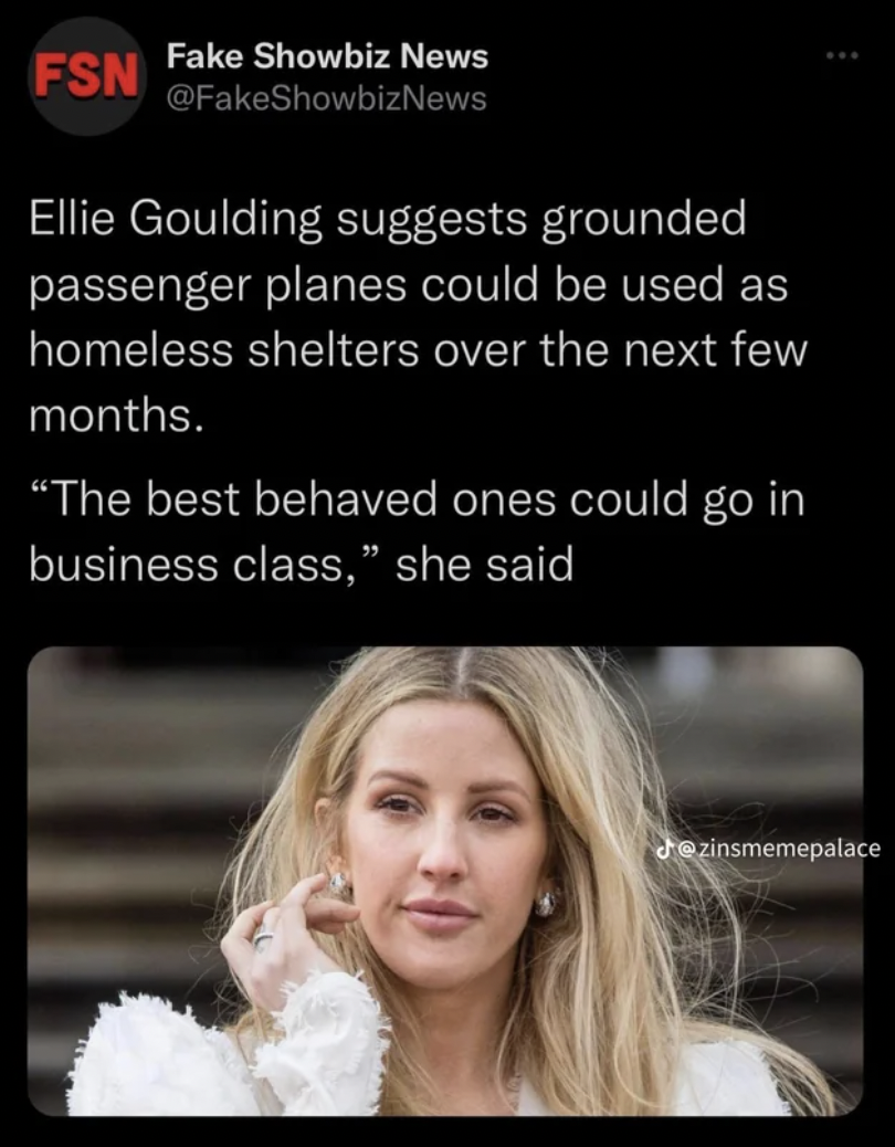 Ellie Goulding says - ellie goulding tweets - Fsn Fake Showbiz News Ellie Goulding suggests grounded passenger planes could be used as homeless shelters over the next few months.