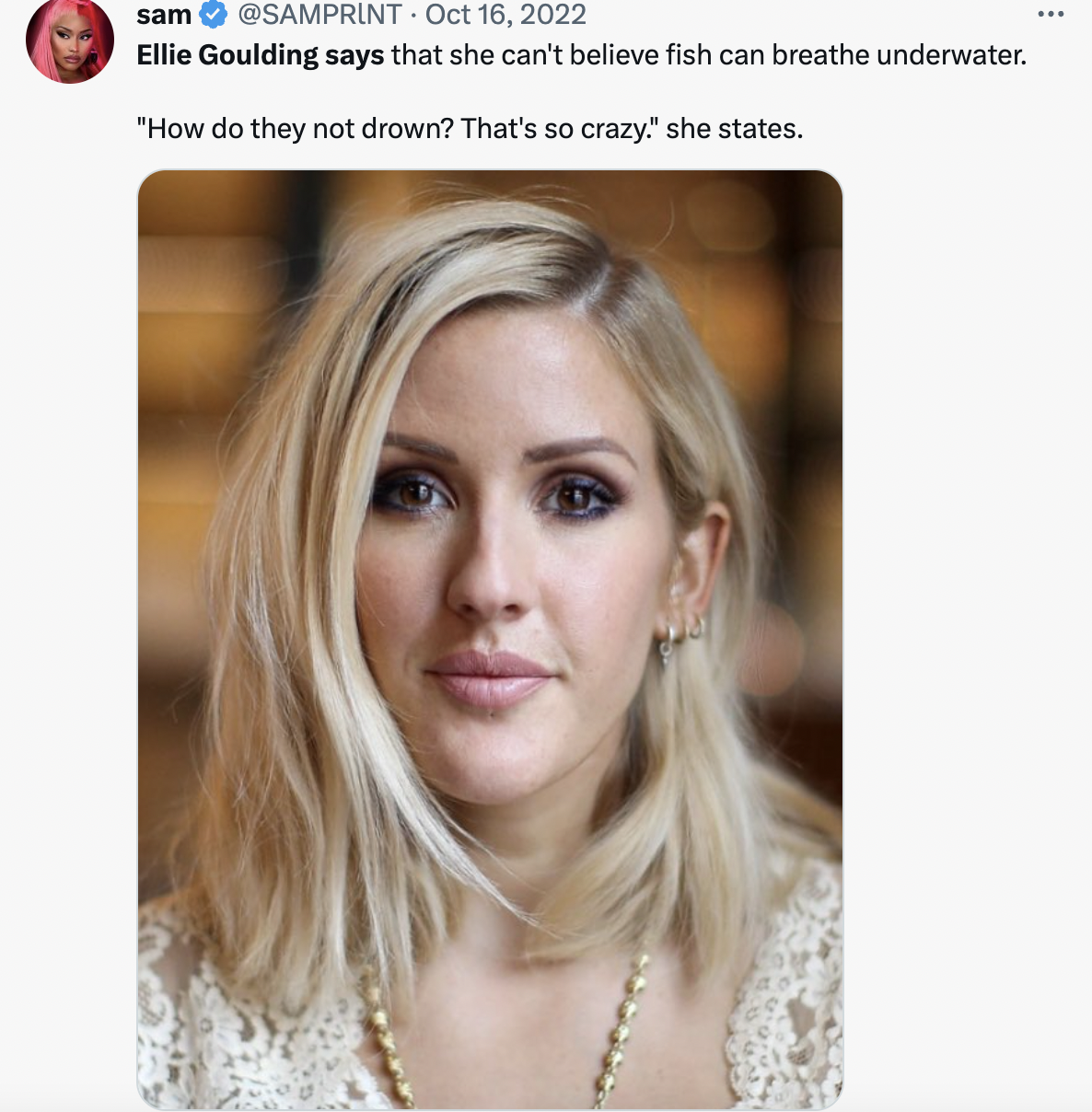 Ellie Goulding says - ellie goulding - sam Ellie Goulding says that she can't believe fish can breathe underwater.