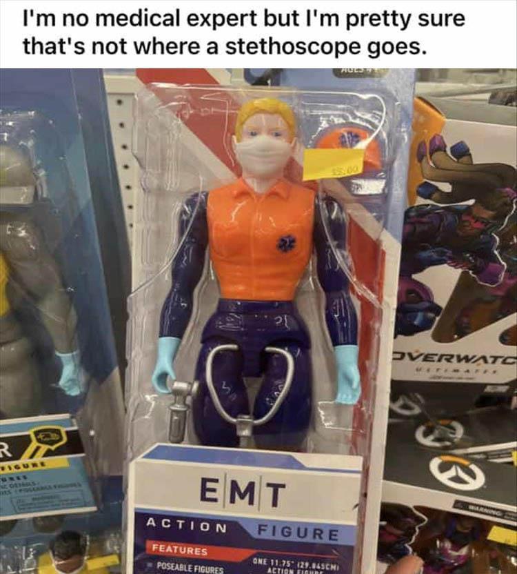 dank memes - action figure - I'm no medical expert but I'm pretty sure that's not where a stethoscope goes. Figure Cothas Des Foglarll Fin Emt Action Features Poseable Figures $5.00 Figure One 11.75 29.845CHI Action Figure Overwatc Ma Timate