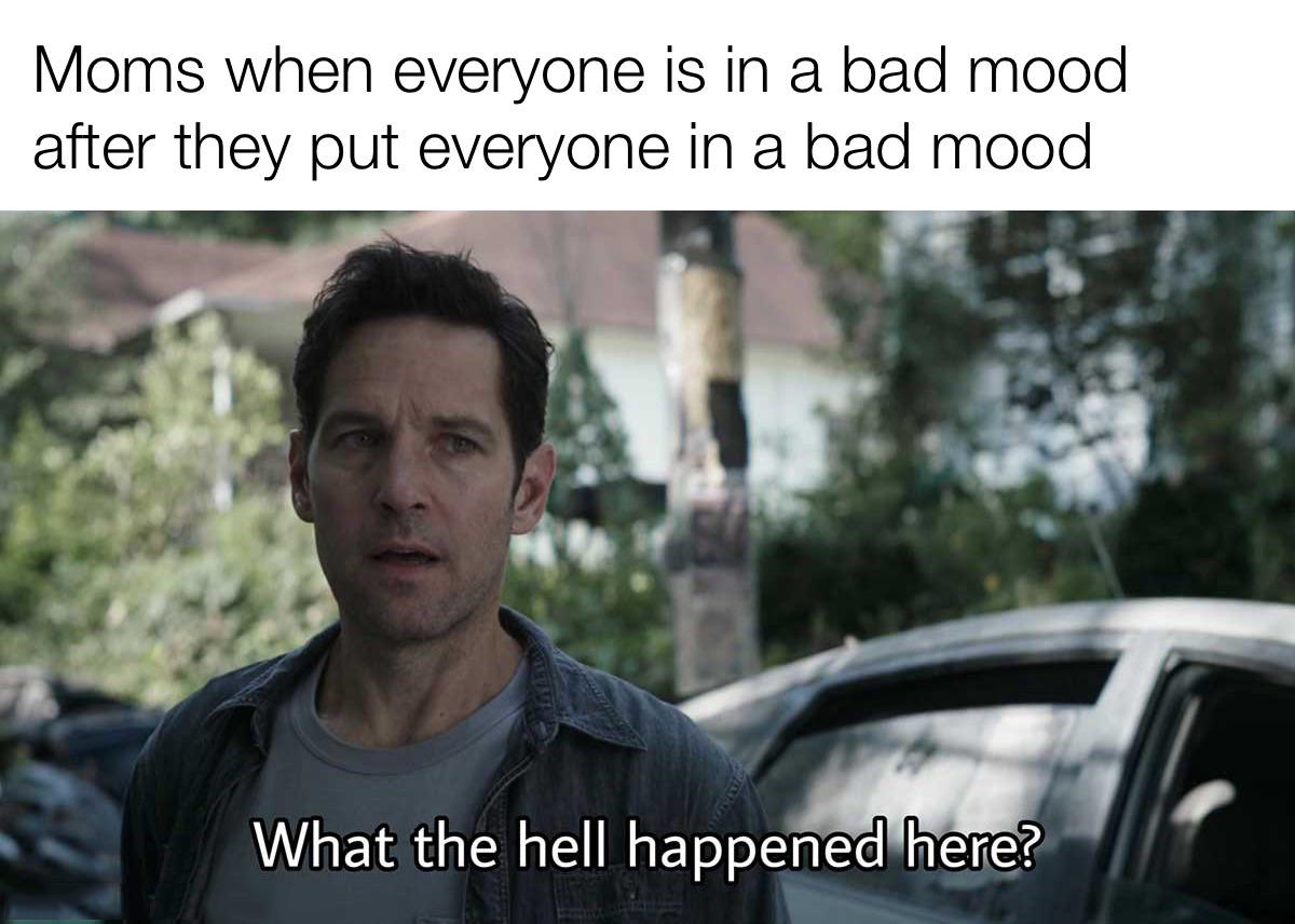 monday morning randomness - hell happened here meme - Moms when everyone is in a bad mood after they put everyone in a bad mood What the hell happened here?