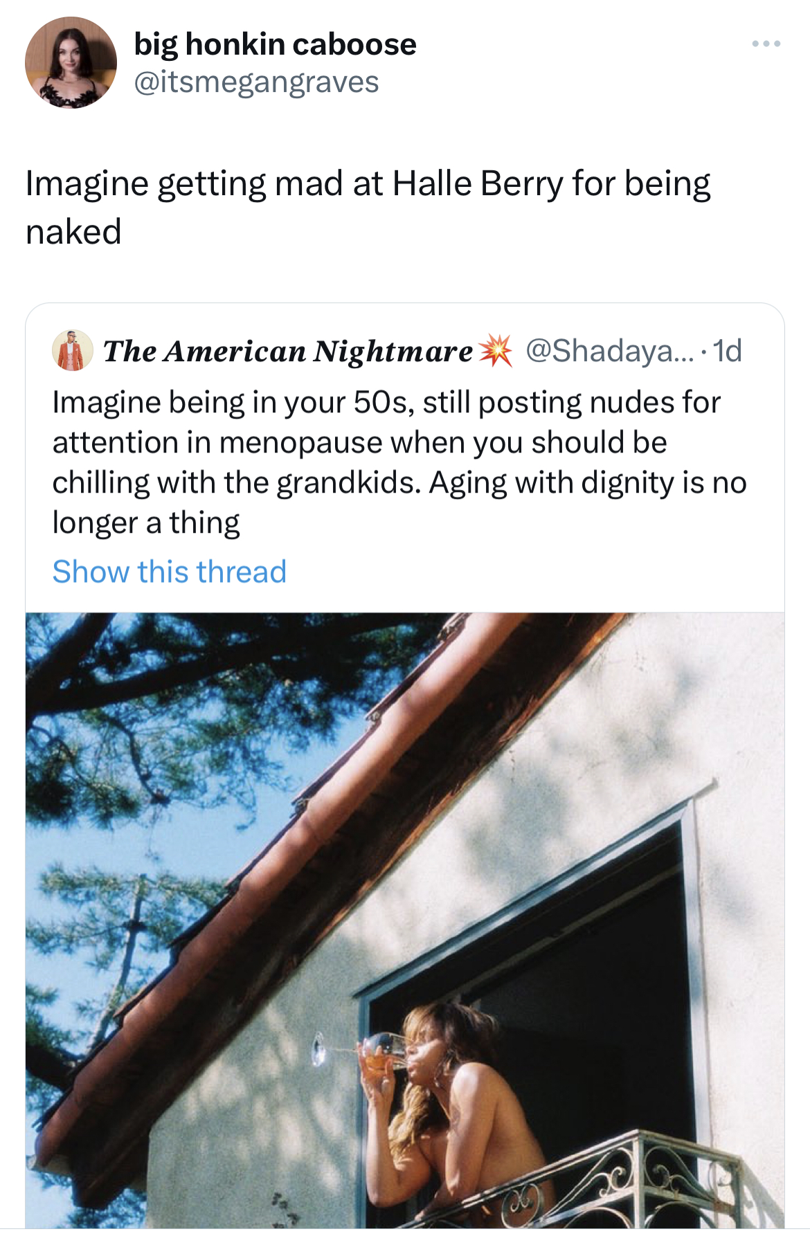 savage tweets - website - G big honkin caboose Imagine getting mad at Halle Berry for being naked The American Nightmare ... 1d Imagine being in your 50s, still posting nudes for attention in menopause when you should be chilling with the grandkids. Aging