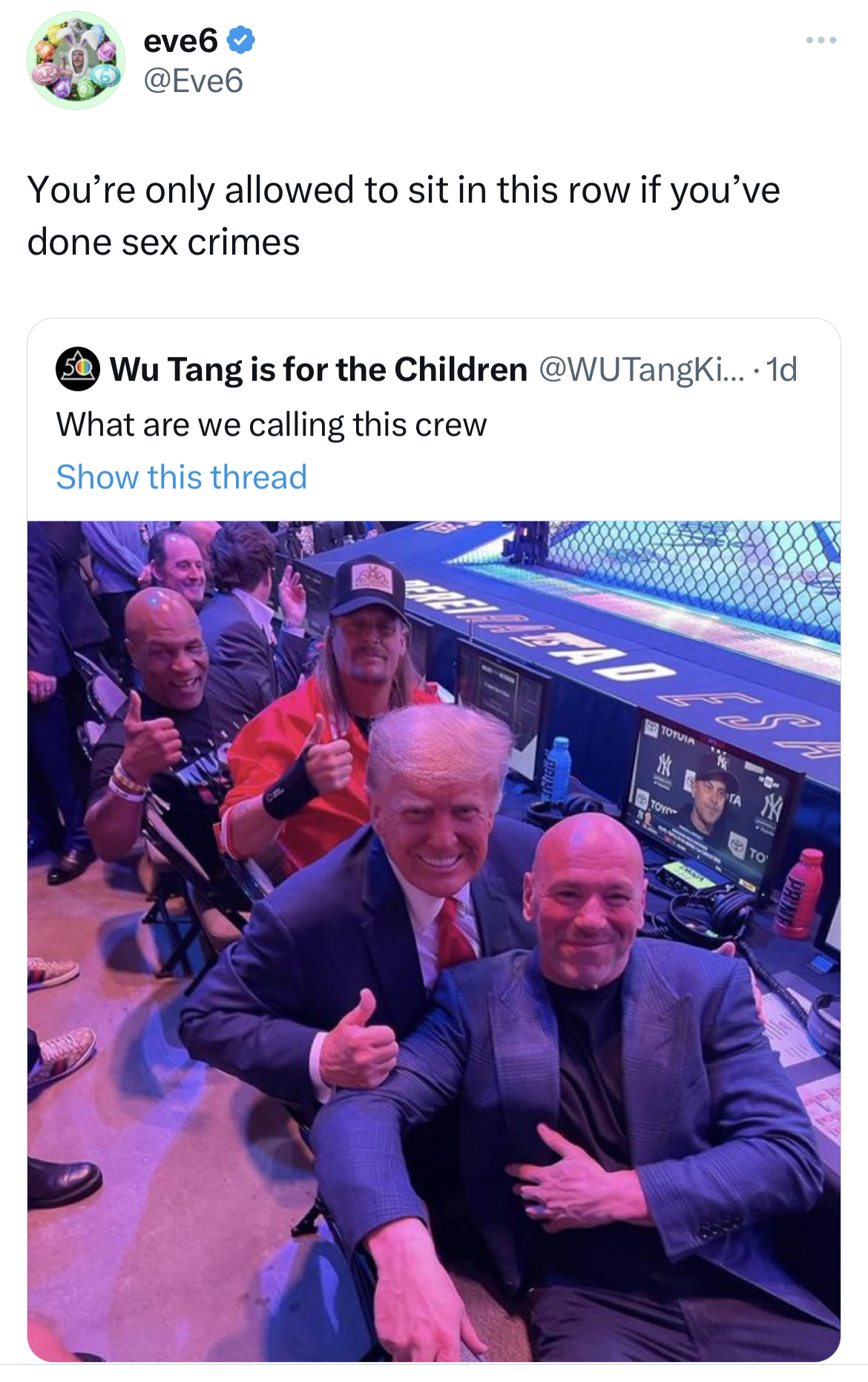 savage tweets - Dana White - eve6 You're only allowed to sit in this row if you've done sex crimes Wu Tang is for the Children .... 1d What are we calling this crew Show this thread