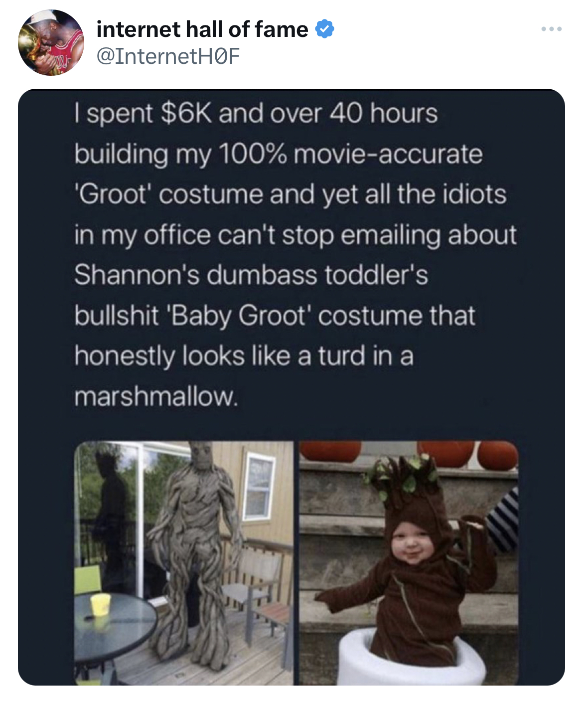 savage tweets - media - internet hall of fame I spent $6K and over 40 hours building my 100% movieaccurate 'Groot' costume and yet all the idiots in my office can't stop emailing about Shannon's dumbass toddler's bullshit 'Baby Groot' costume that honestl