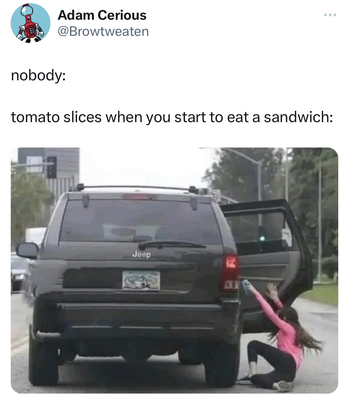 savage tweets - bumper - Adam Cerious nobody tomato slices when you start to eat a sandwich Jeep 131