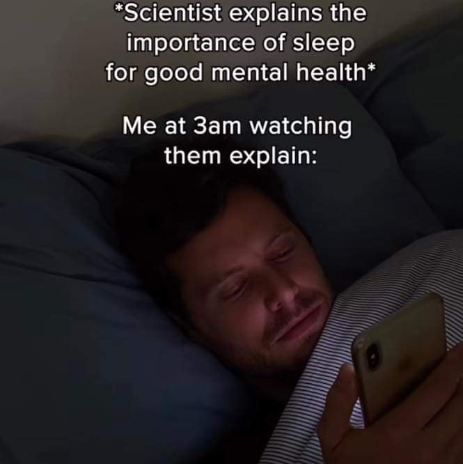 dank memes - photo caption - Scientist explains the importance of sleep for good mental health Me at 3am watching them explain