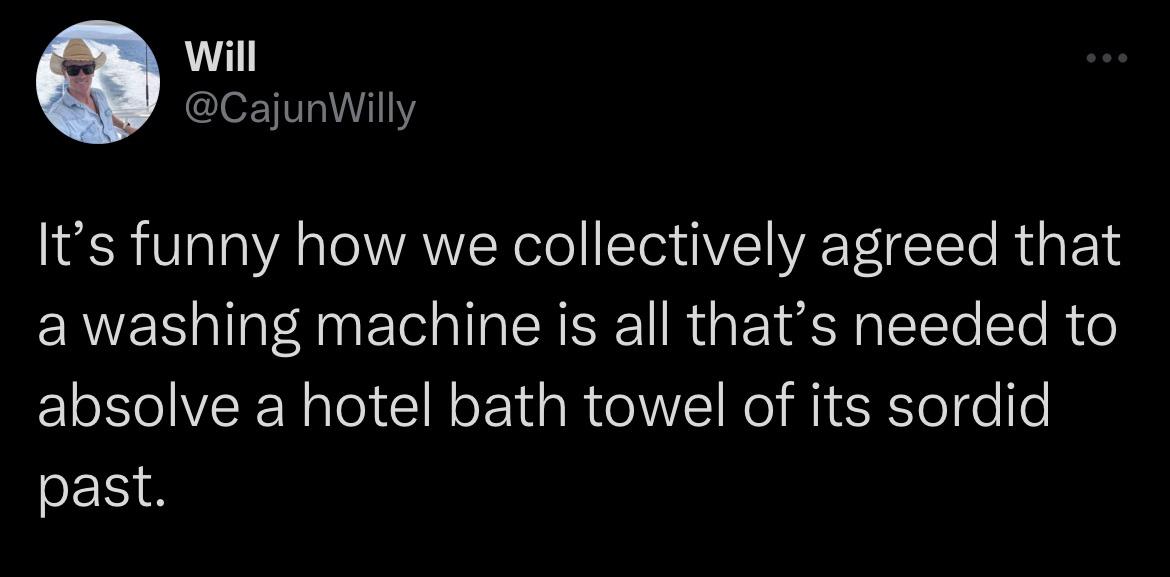 funny tweets - Funny meme - Will It's funny how we collectively agreed that a washing machine is all that's needed to absolve a hotel bath towel of its sordid past.