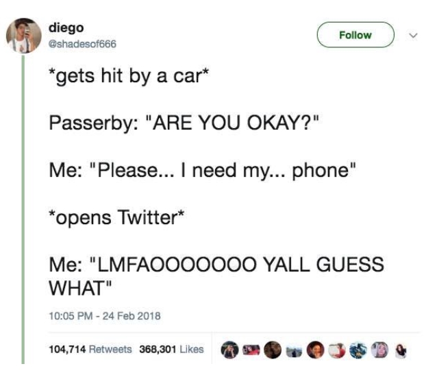 funny tweets - perfect tweet - diego gets hit by a car Passerby