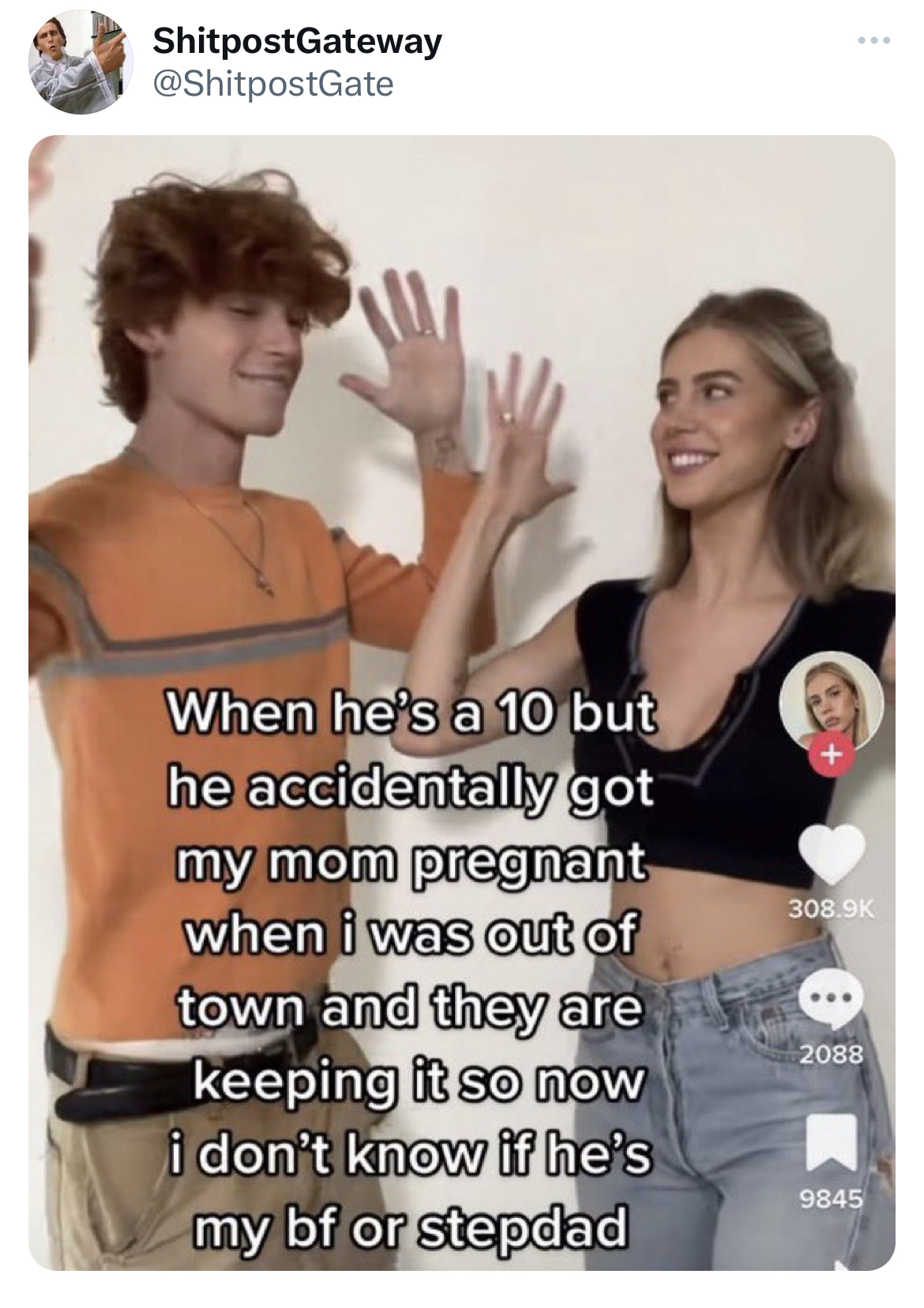 hall of fame tweets -wild tiktok screenshot meme - ShitpostGateway When he's a 10 but he accidentally got my mom pregnant when i was out of town and they are keeping it so now i don't know if he's my bf or stepdad 2088 9845