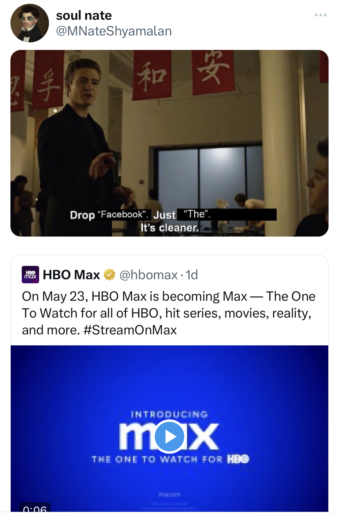 savage tweets - communication - D Ha soul nate 117 Drop Facebook". Just "The". It's cleaner. Hbo Max On May 23, Hbo Max is becoming MaxThe One To Watch for all of Hbo, hit series, movies, reality, and more. Introducing max The One To Watch For Hbo Pourr w