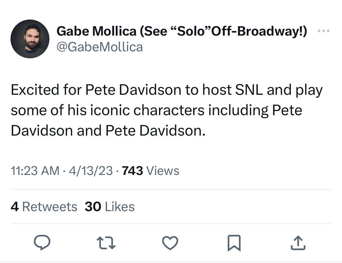 savage tweets - Kathryn Bernardo - Gabe Mollica See "Solo"OffBroadway! Excited for Pete Davidson to host Snl and play some of his iconic characters including Pete Davidson and Pete Davidson. 41323 743 Views 4 30 27 K