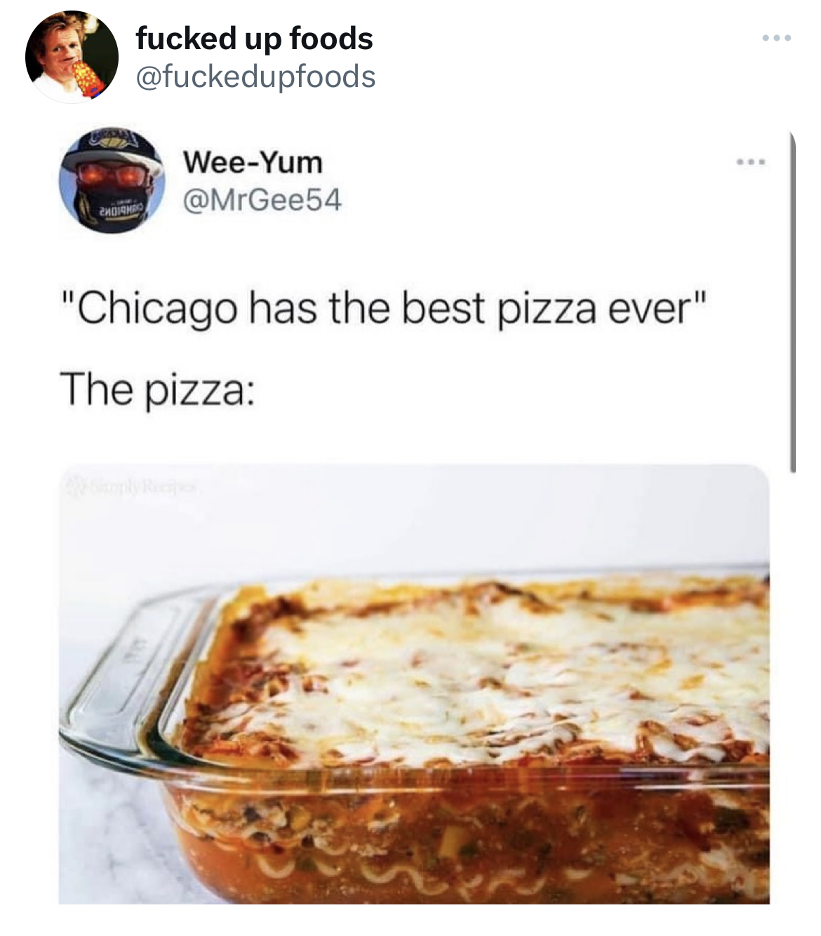 savage tweets - fucked up foods WeeYum "Chicago has the best pizza ever" The pizza