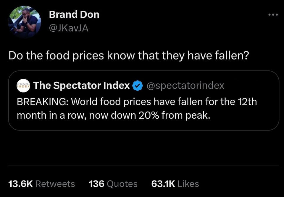 Funny meme - Brand Don Do the food prices know that they have fallen? The Spectator Index Breaking World food prices have fallen for the 12th month in a row, now down 20% from peak. Spectator Index 136 Quotes