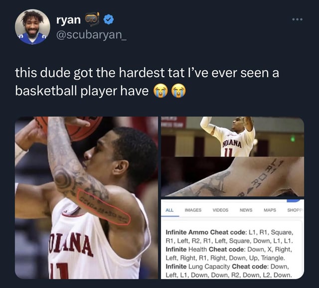 photo caption - ryan this dude got the hardest tat I've ever seen a basketball player have Diana All Images Nolana Videos News Ede Maps Shoppi Infinite Ammo Cheat code L1, R1, Square, R1, Left, R2, R1, Left, Square, Down, L1, L1. Infinite Health Cheat cod
